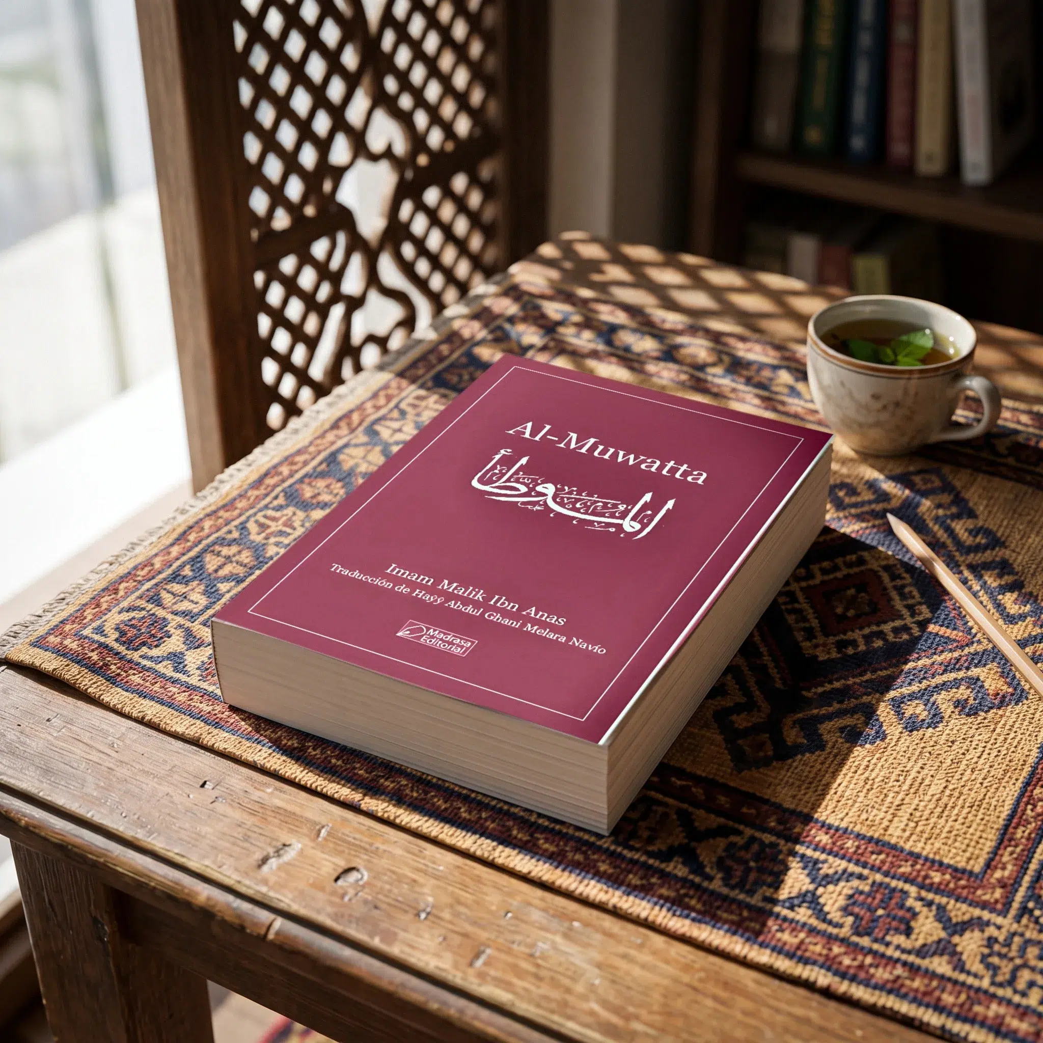 Al-Muwatta de Imam Malik Ibn Anas, sobre una mesa de madera con la sombra de una celosía