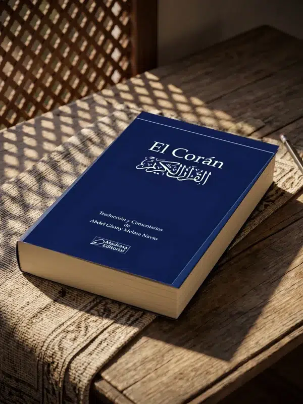 El Corán en Español, sobre una mesa de madera con la sombra de una celosía