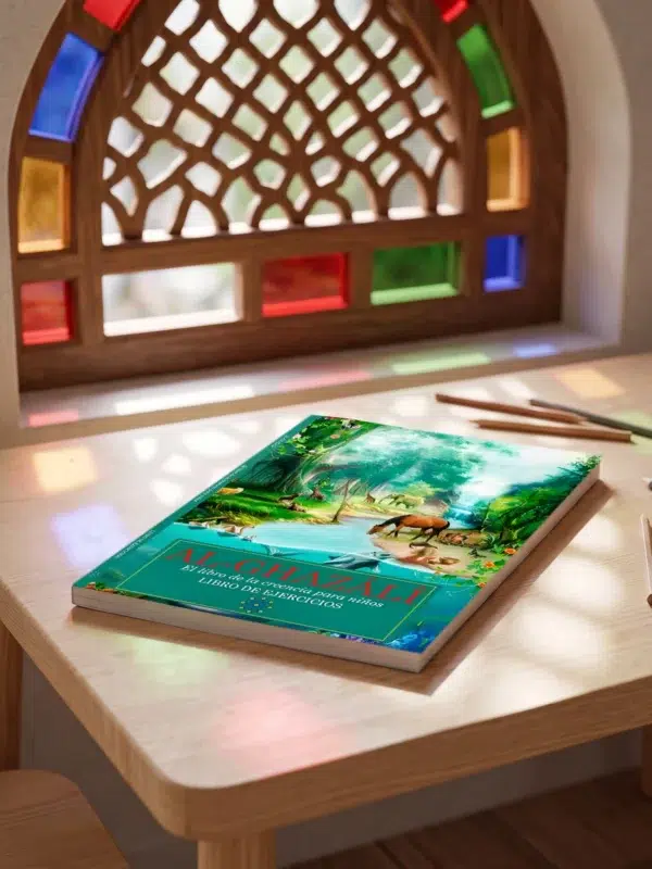 El libro de la creencia para niños - Libro de ejercicios- Al Ghazali de Abu Hamid Al-Gazali (Algazel), sobre una mesa de madera con la sombra de una celosía