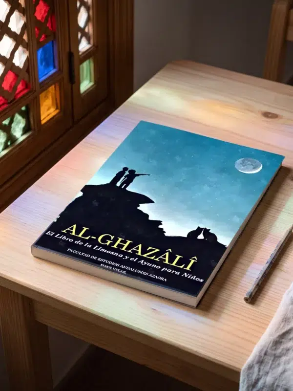 El libro de la limosna y el libro del ayuno para niños - Al Ghazali de Abu Hamid Al-Gazali (Algazel), sobre una mesa de madera con la sombra de una celosía