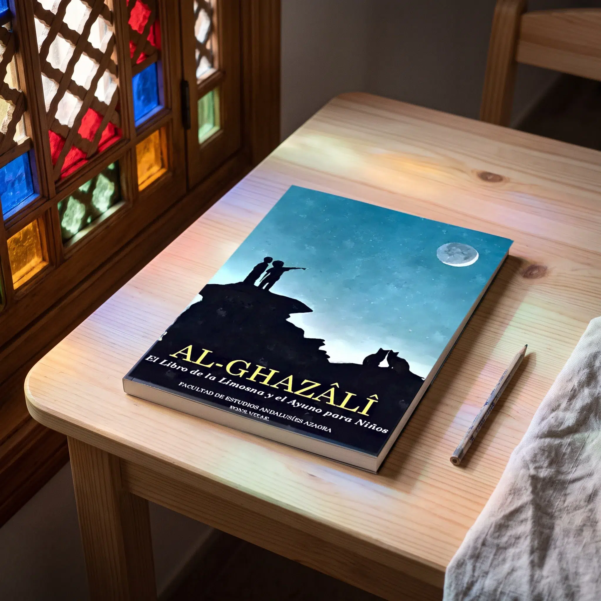 El libro de la limosna y el libro del ayuno para niños - Al Ghazali de Abu Hamid Al-Gazali (Algazel), sobre una mesa de madera con la sombra de una celosía