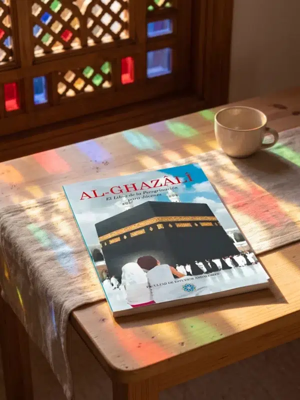 El libro de la peregrinación para jóvenes - Al Ghazali de Abu Hamid Al-Gazali (Algazel), sobre una mesa de madera con la sombra de una celosía