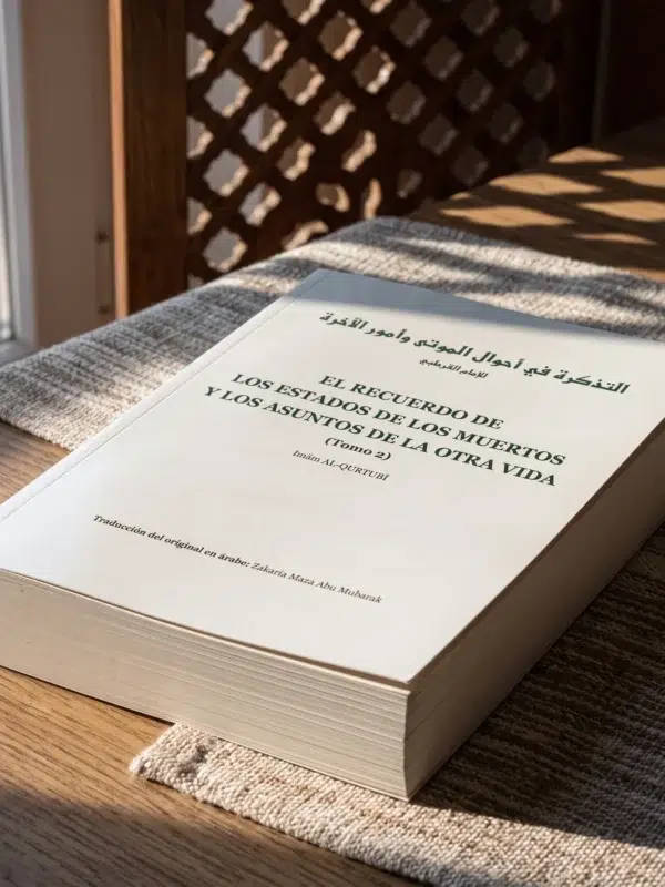 El Recuerdo de los Estados de los Muertos y los Asuntos de la Otra Vida (Tomo 2 - Edición bilingüe) de Imam al Qurtubi, sobre una mesa de madera con la sombra de una celosía