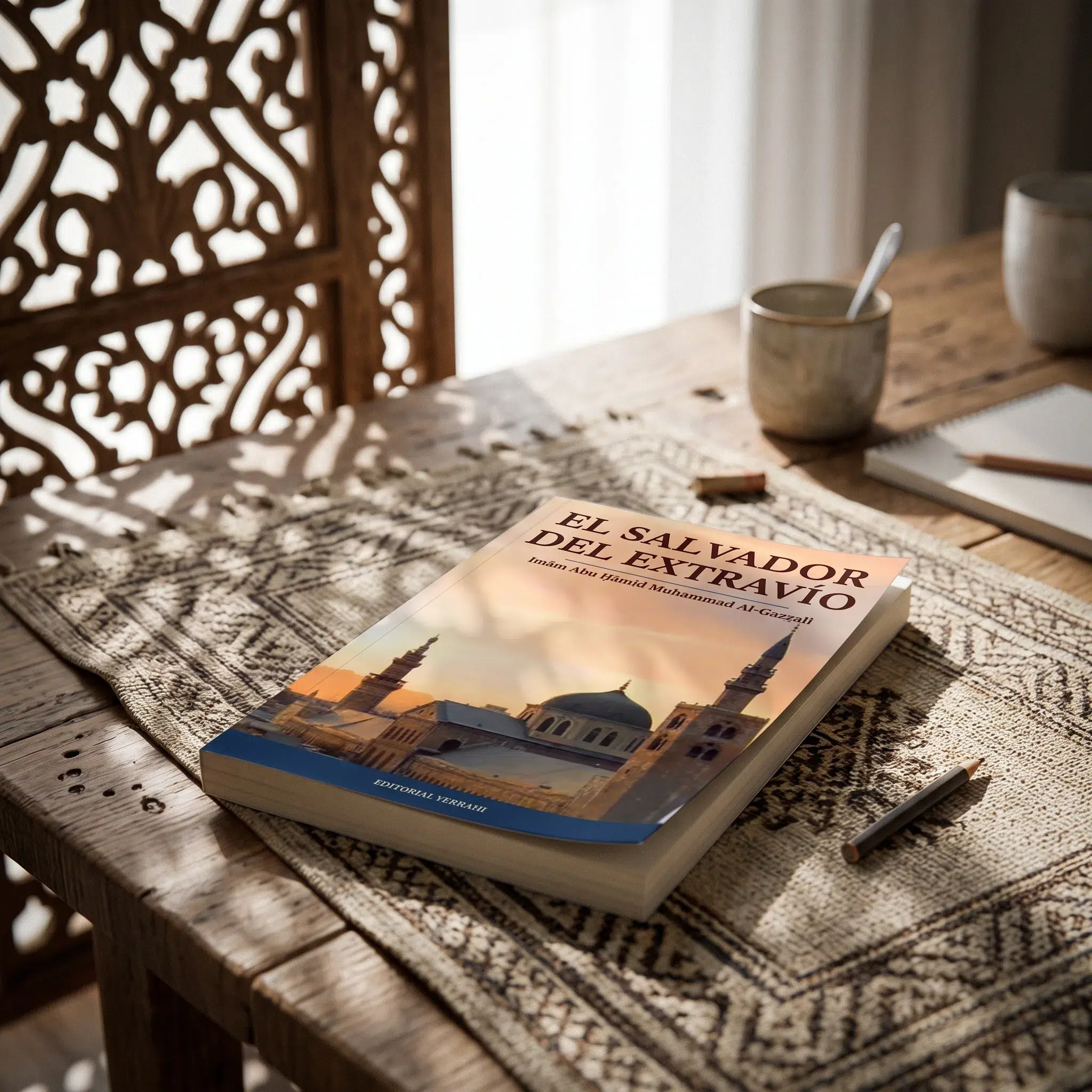 El salvador del extravío de Imam Al-Gazzali, sobre una mesa de madera con la sombra de una celosía