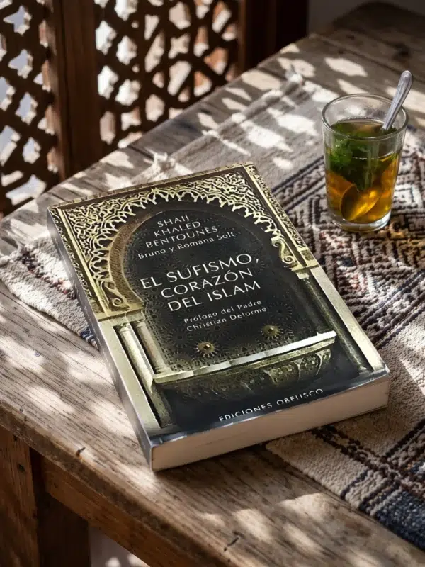 El sufismo, Corazón del Islam de Shaij Khaled Bentounés, sobre una mesa de madera con la sombra de una celosía