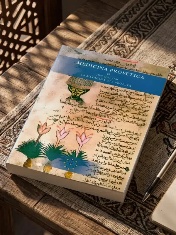 La Medicina del Profeta - Ibn Qayyim de Ibn Qayyim, sobre una mesa de madera con la sombra de una celosía