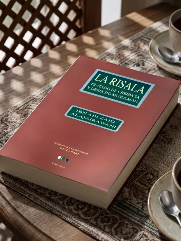 La Risala - Tratado de creencia y derecho musulmán de Ibn Abi Zaid Al-Qairawani, sobre una mesa de madera con la sombra de una celosía