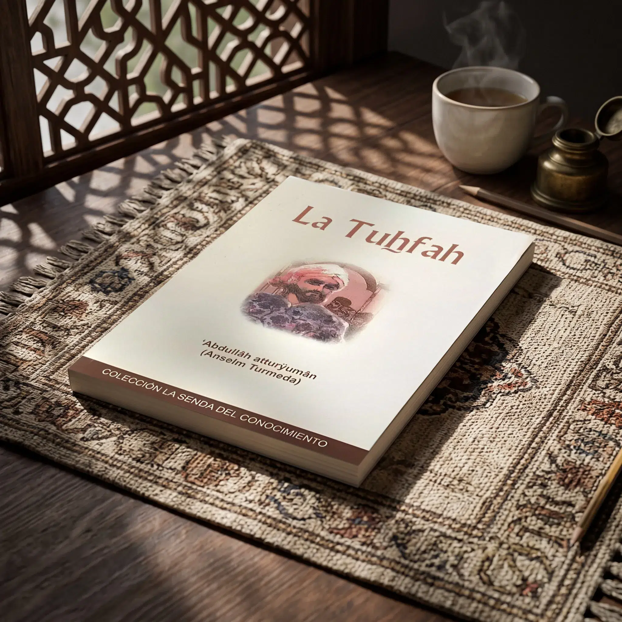 La Tuhfah de Anselm Turmeda, sobre una mesa de madera con la sombra de una celosía