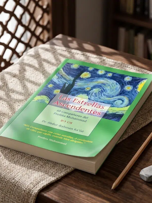 Las Estrellas Ascendentes; vidas de los Sahaba de Dr. Abdur-Rahman Ra’fat, sobre una mesa de madera con la sombra de una celosía