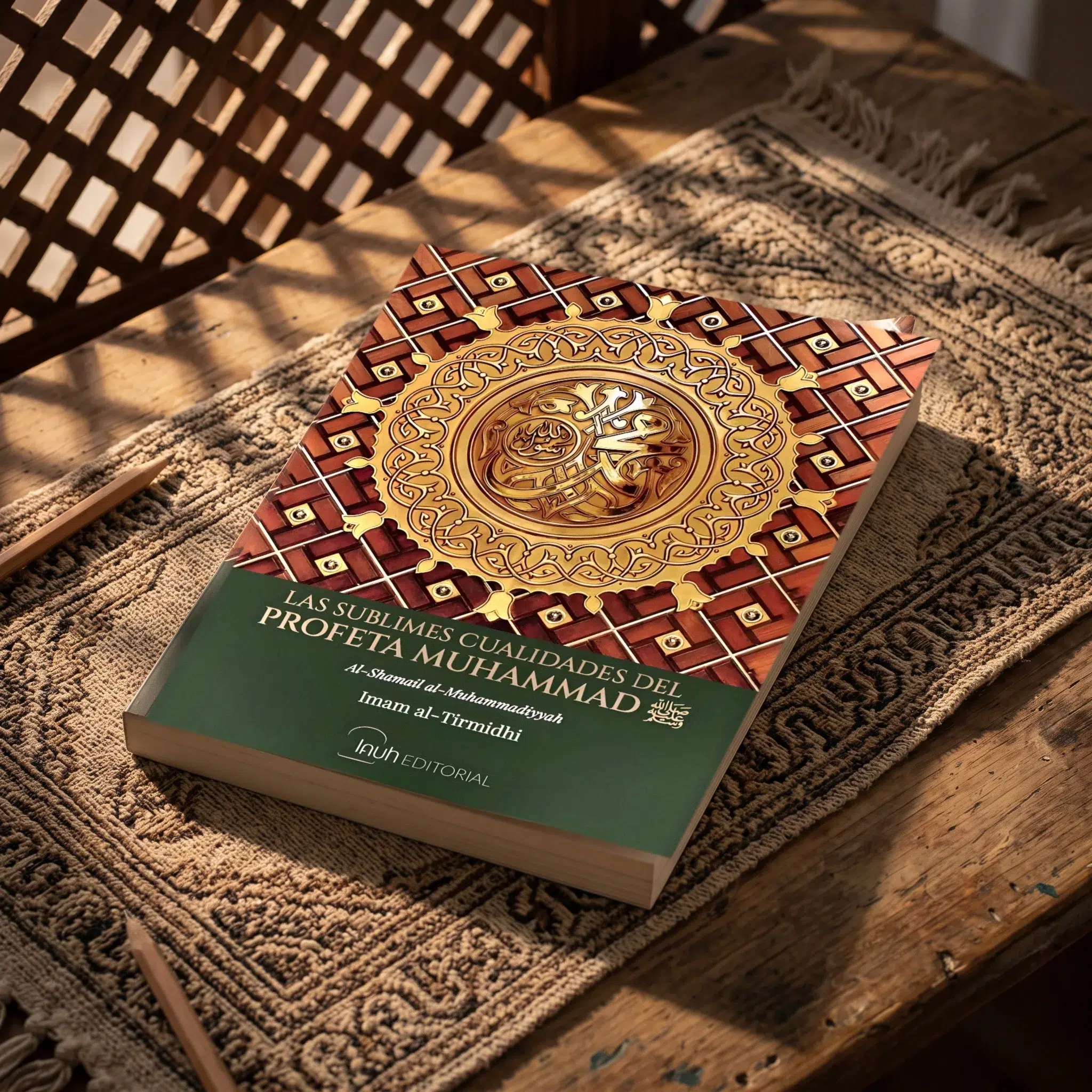 Las sublimes cualidades del Profeta Muhammad ﷺ de Imam At-Tirmidhi, sobre una mesa de madera con la sombra de una celosía