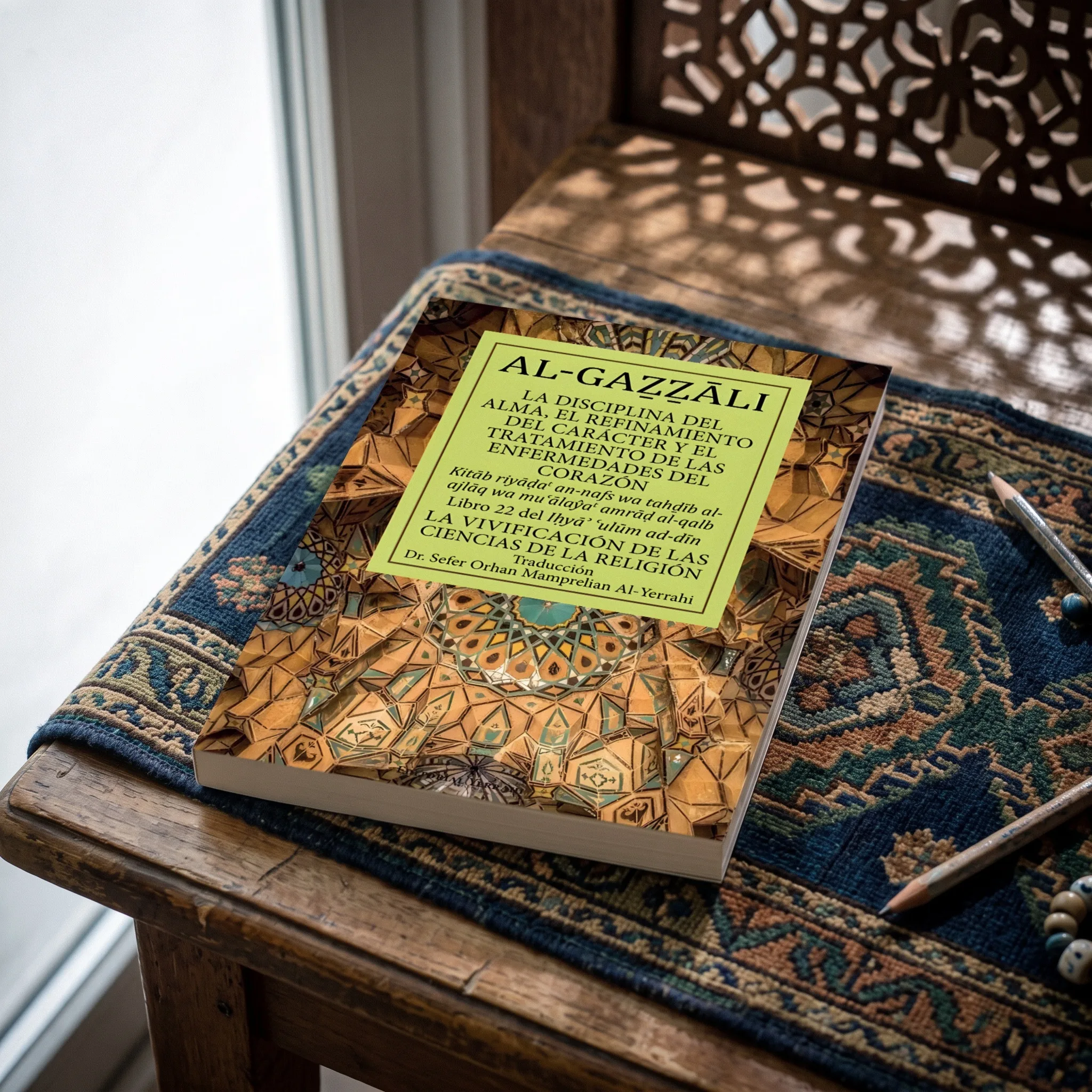 Libro 22 - La disciplina del alma, el refinamiento del carácter y el tratamiento de las enfermedades del corazón de Imam Al-Gazzali, sobre una mesa de madera con la sombra de una celosía