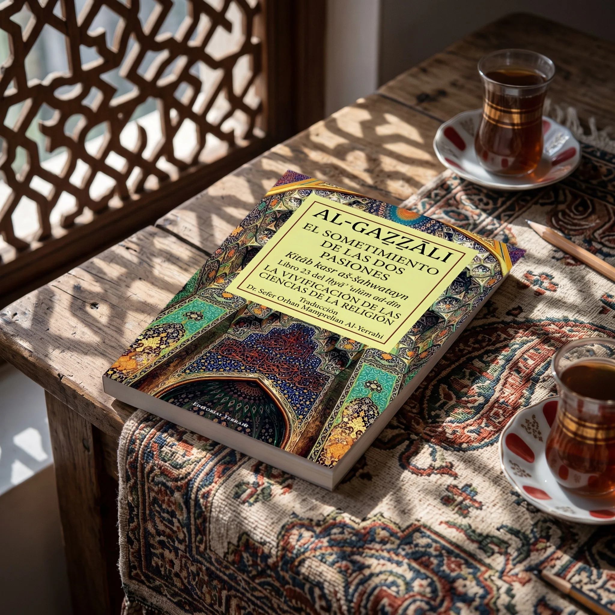 Libro 23 - El sometimiento de las dos pasiones de Imam Al-Gazzali, sobre una mesa de madera con la sombra de una celosía