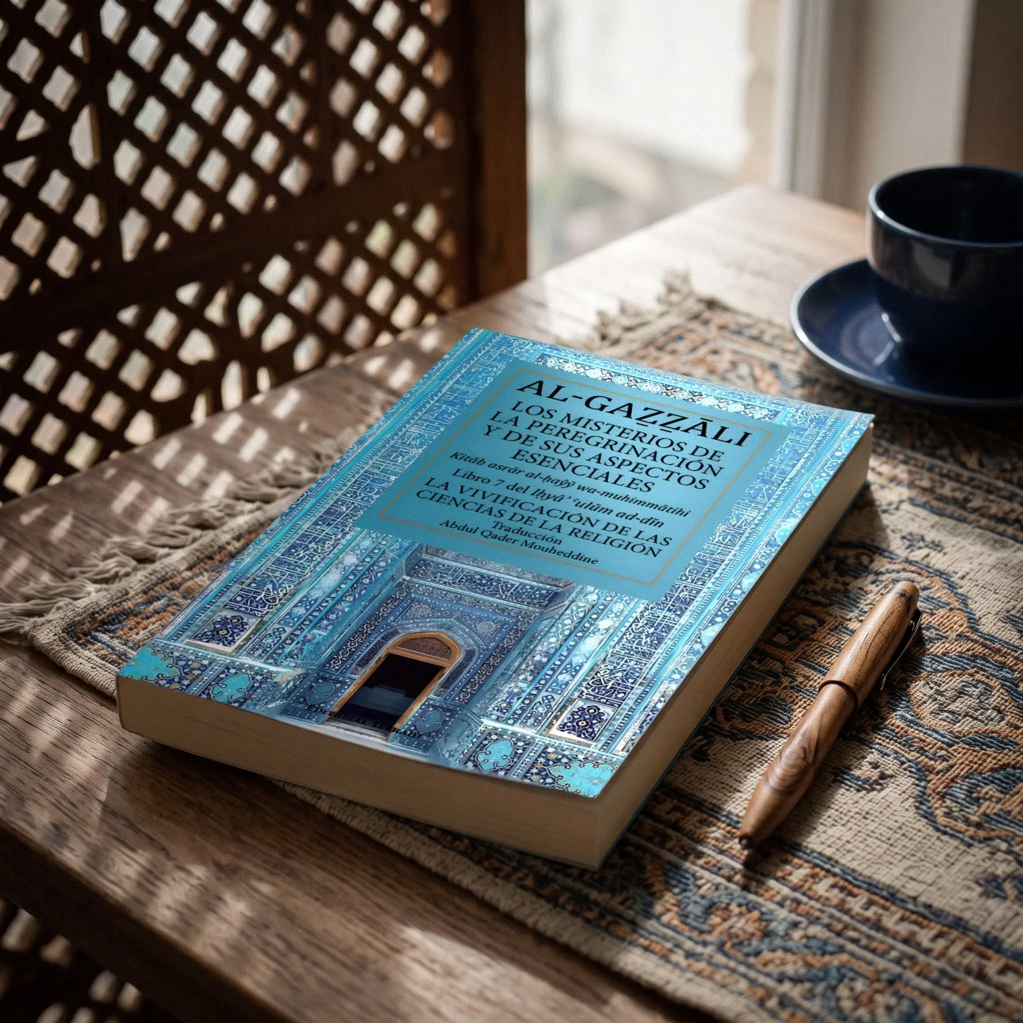 Libro 7 - Los misterios de la peregrinación y sus aspectos esenciales de Imam Al-Gazzali, sobre una mesa de madera con la sombra de una celosía