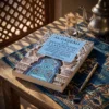 Libro 9 - Las invocaciones y las súplicas de Imam Al-Gazzali, sobre una mesa de madera con la sombra de una celosía