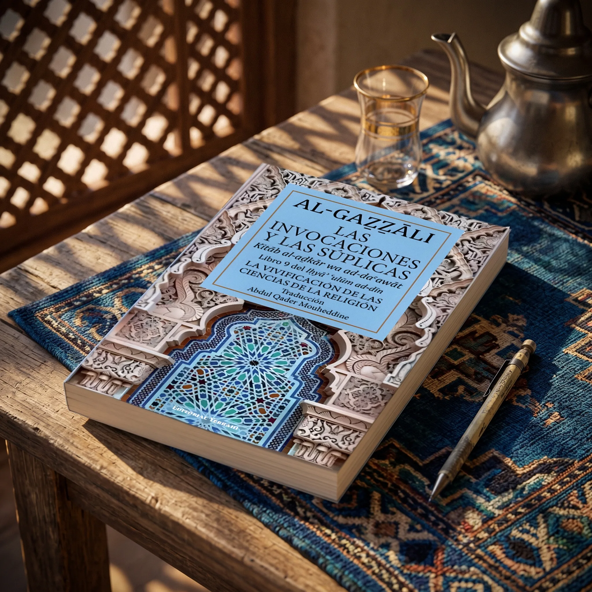 Libro 9 - Las invocaciones y las súplicas de Imam Al-Gazzali, sobre una mesa de madera con la sombra de una celosía