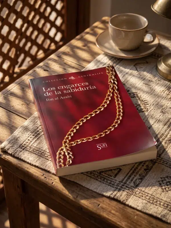 Los engarces de la sabiduría de Ibn 'Arabi, sobre una mesa de madera con la sombra de una celosía