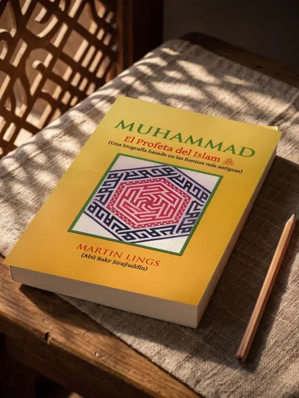 Muhammad - El Profeta del Islam de Martin Lings (Abū Bakr Siraŷuddīn), sobre una mesa de madera con la sombra de una celosía