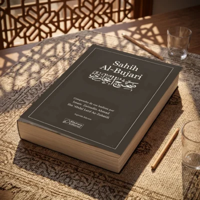 Recopilación de Hadices, Sahih Al Bujari de Muhammad Ibn Ismail Al-Bujari, sobre una mesa de madera con la sombra de una celosía
