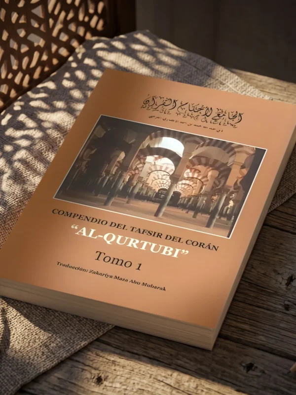 Tafsir al Qurtubi Tomo 1 de Imam al Qurtubi, sobre una mesa de madera con la sombra de una celosía