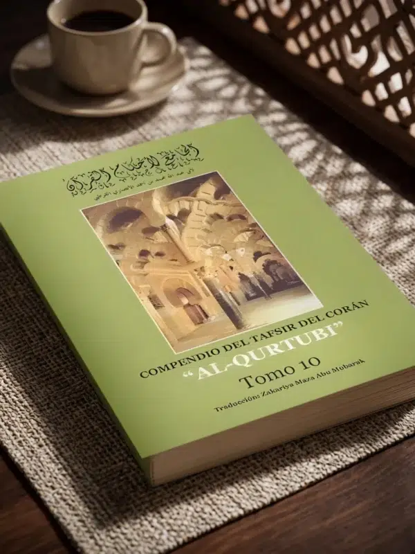 Tafsir al Qurtubi Tomo 10 de Imam al Qurtubi, sobre una mesa de madera con la sombra de una celosía