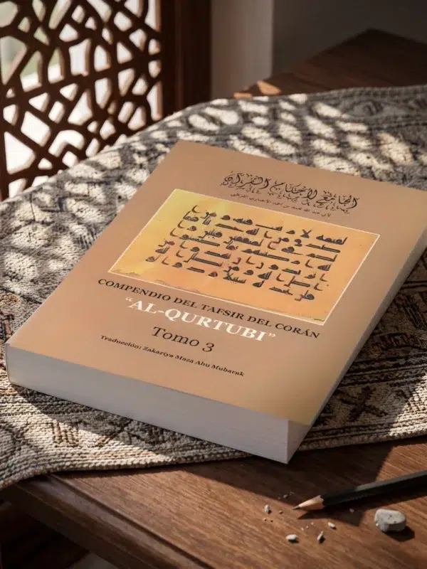 Tafsir al Qurtubi Tomo 3 de Imam al Qurtubi, sobre una mesa de madera con la sombra de una celosía