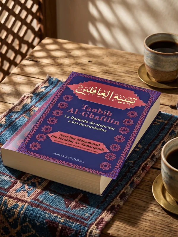Tanbih Al Ghafilin de Nasr Ibn Muhammad Ibn Ibrahim As-Samarqandi, sobre una mesa de madera con la sombra de una celosía