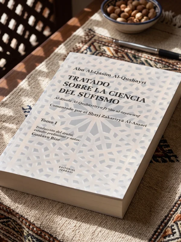 Tratado sobre la Ciencia del Sufismo – Tomo I de Abu Al-Qasim Al-Qushayri, sobre una mesa de madera con la sombra de una celosía