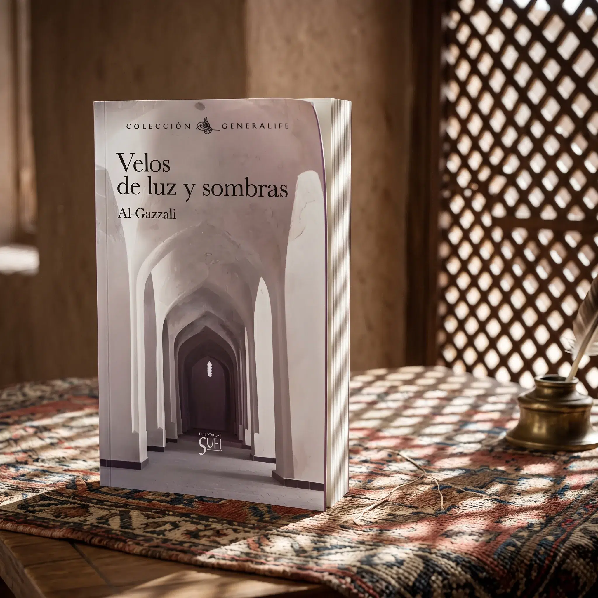 Velos de luz y sombras de Abu Hamid Al-Gazali (Algazel), sobre una mesa de madera con la sombra de una celosía