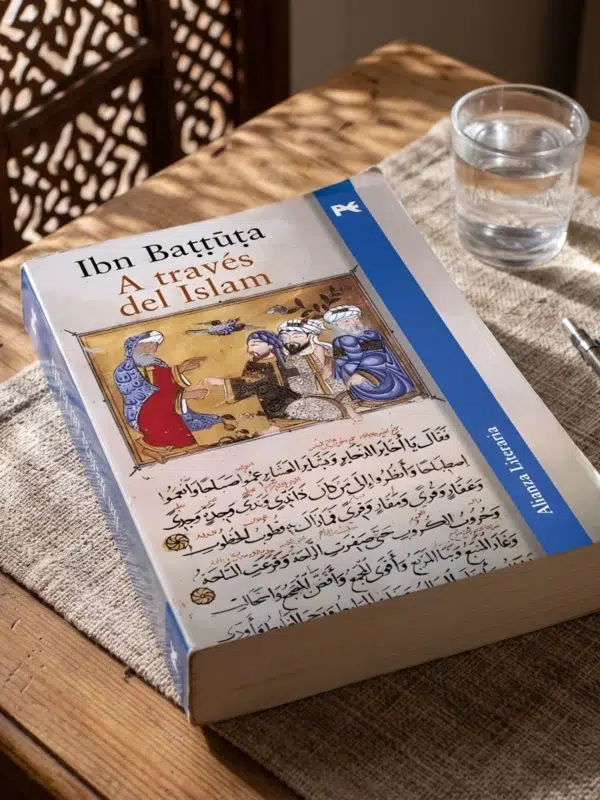 A través del Islam de Ibn Battuta, sobre una mesa de madera con la sombra de una celosía