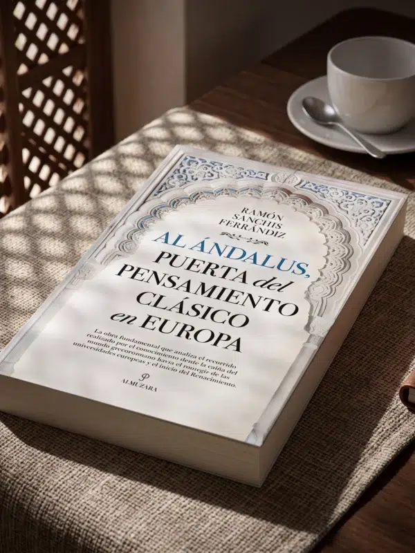 Al Ándalus, puerta del pensamiento clásico en Europa de Ramón Sanchís Ferrándiz, sobre una mesa de madera con la sombra de una celosía