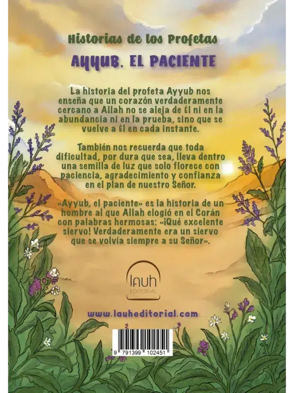Contraportada de Ayyub, el paciente, cuento islámico ilustrado sobre el profeta Ayyub para niños