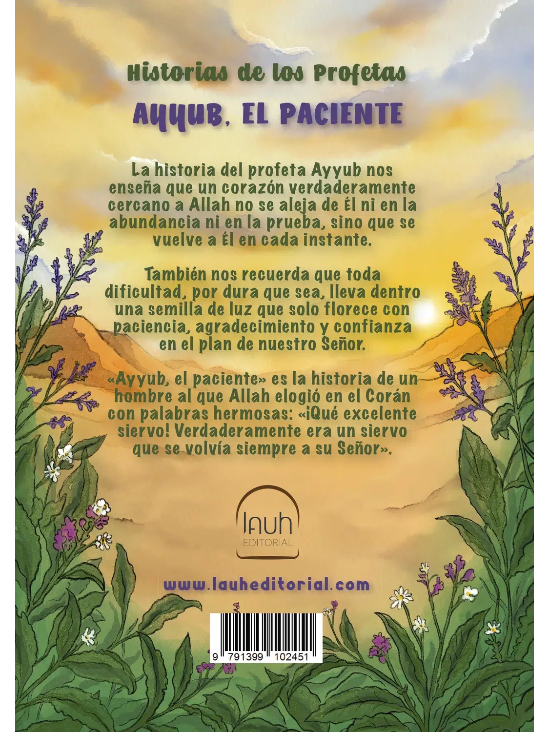 Contraportada de Ayyub, el paciente, cuento islámico ilustrado sobre el profeta Ayyub para niños