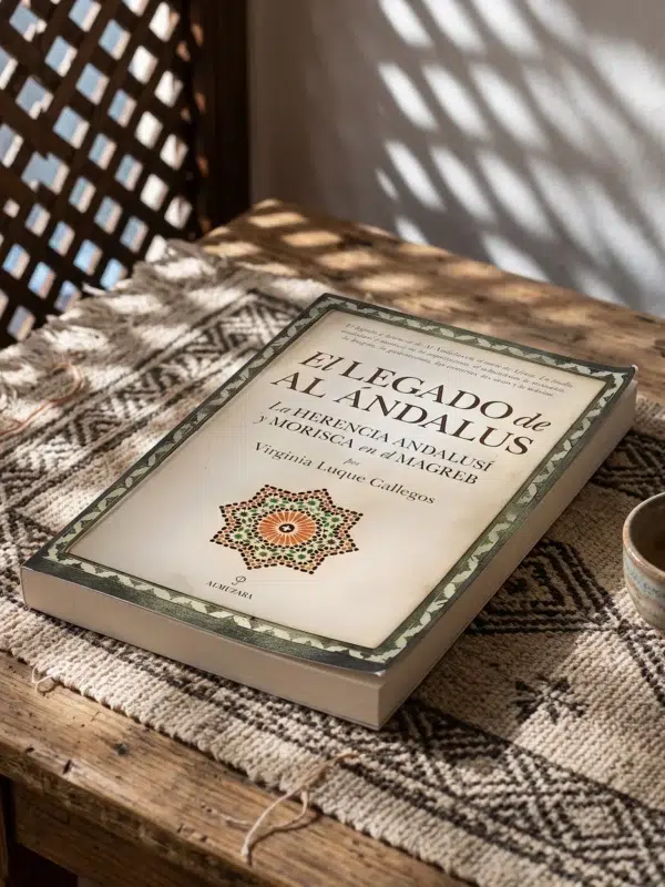 El legado de Al Ándalus de Virginia Luque Gallegos, sobre una mesa de madera con la sombra de una celosía