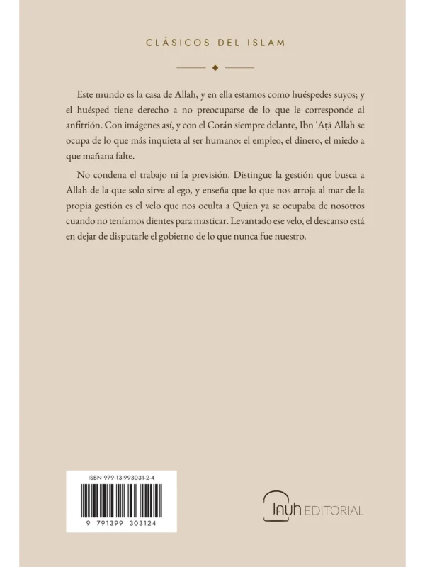 Contraportada de La iluminación por el abandono del control, de Ibn 'Aṭā Allah al-Iskandarī, segunda edición de Lauh Editorial