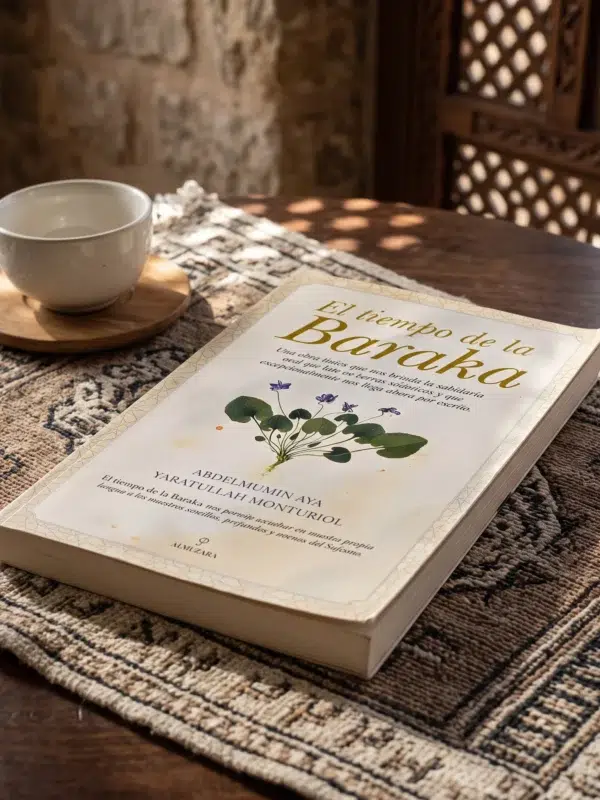 El tiempo de la Baraka de Abdelmumin Aya y Yaratullah Monturiol, sobre una mesa de madera con la sombra de una celosía