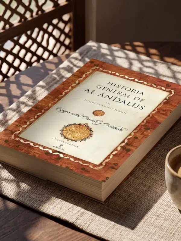 Historia General de Al Ándalus de Emilio González Ferrín, sobre una mesa de madera con la sombra de una celosía