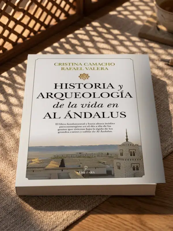 Historia y Arqueología de la vida en Al-Ándalus de Cristina Camacho y Rafael Vera, sobre una mesa de madera con la sombra de una celosía