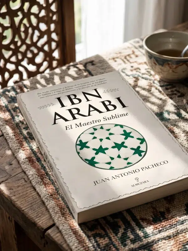 Ibn Arabi, El Maestro Sublime de Juan Antonio Pacheco, sobre una mesa de madera con la sombra de una celosía