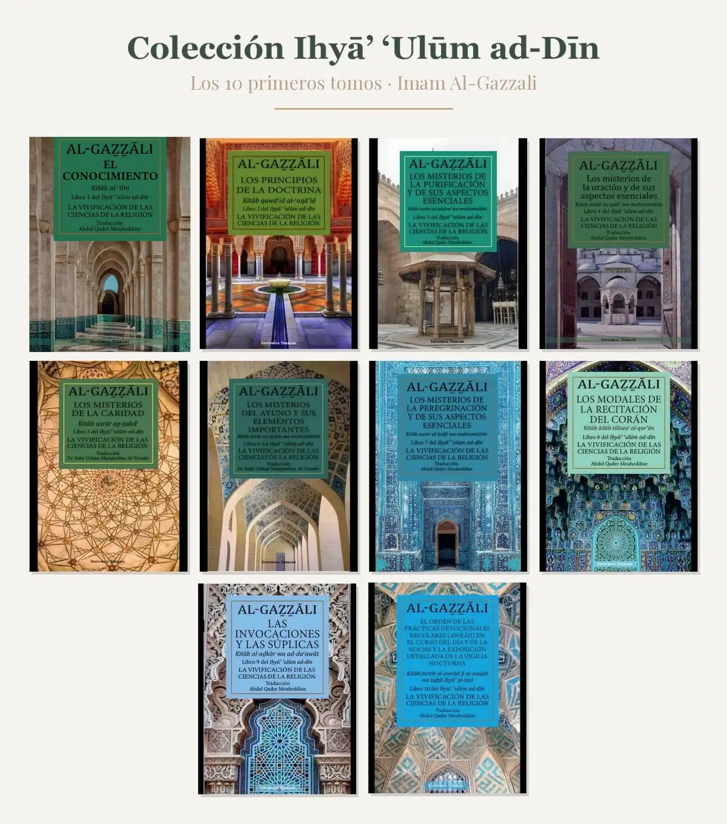 Las portadas de los diez primeros tomos del Ihya Ulum ad-Din del Imam Al-Gazzali — pack Lauh Editorial