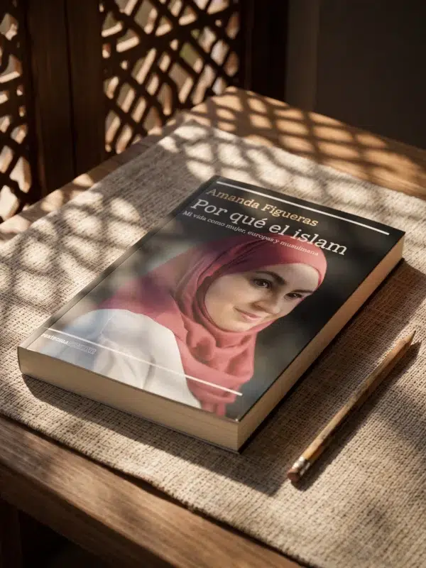 Por qué el islam: Mi vida como mujer, europea y musulmana de Amanda Figueras, sobre una mesa de madera con la sombra de una celosía