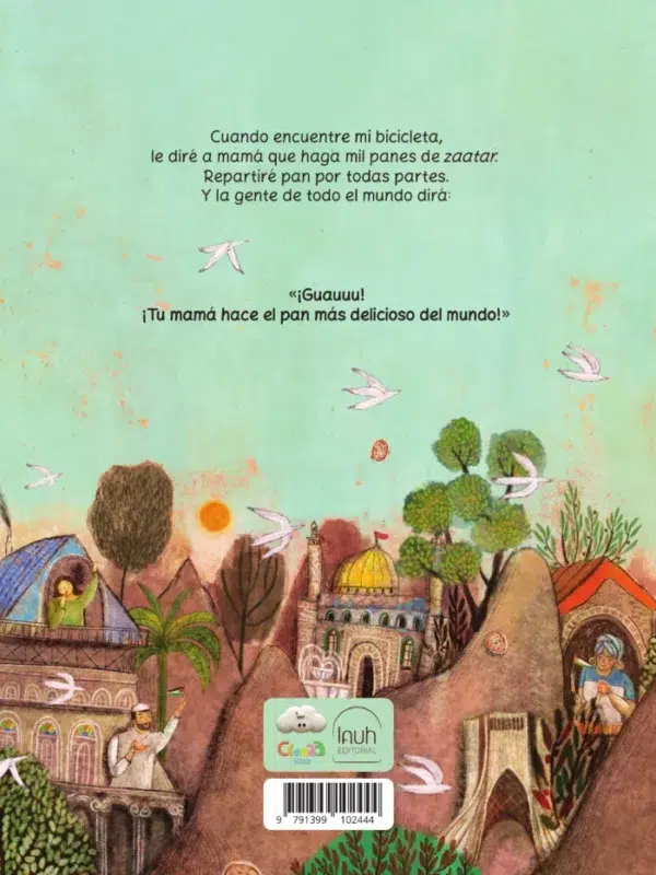 Contraportada de Si encuentro mi bicicleta…, cuento ilustrado sobre Palestina para niños