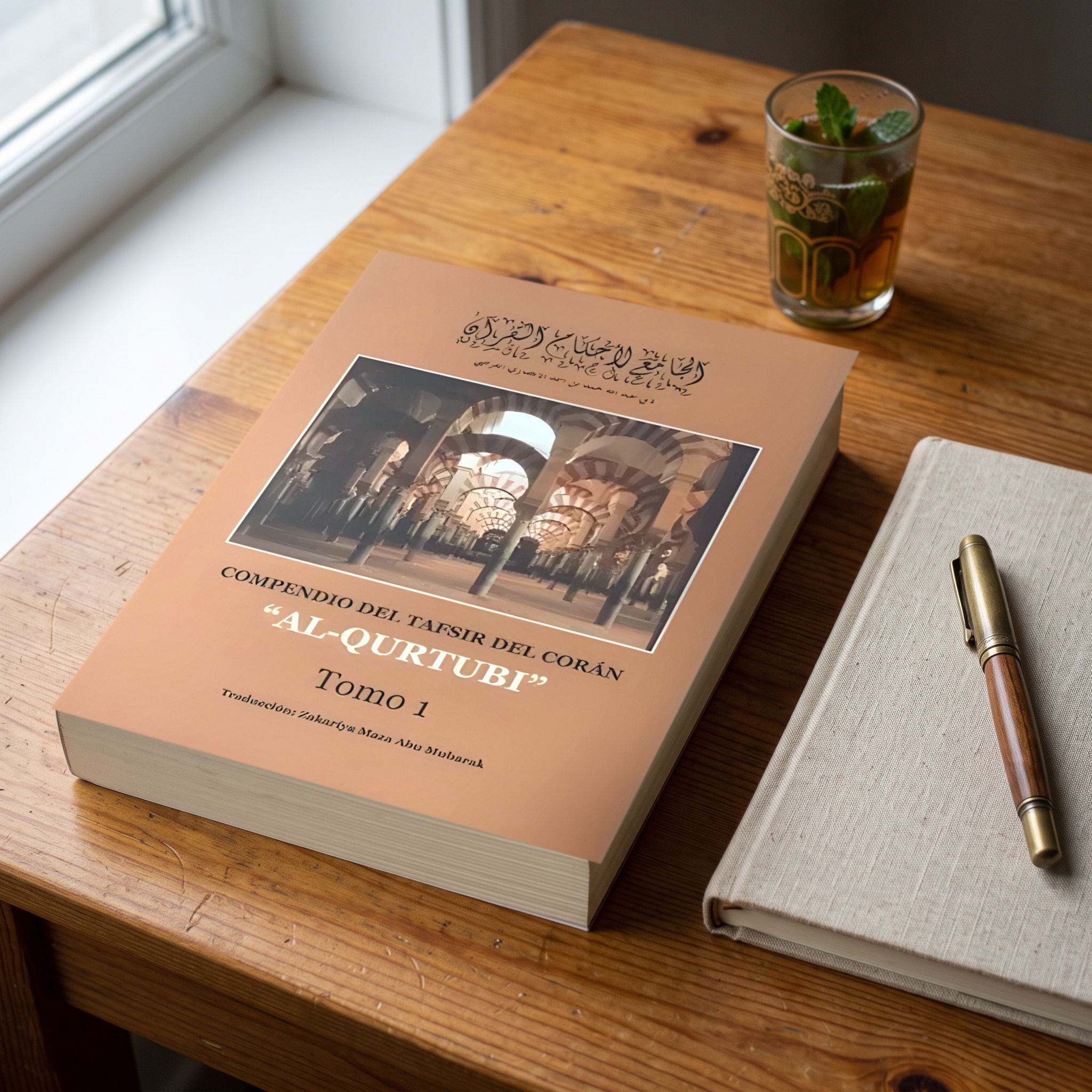 Tafsir al Qurtubi Tomo 1 de Imam al Qurtubi, sobre un escritorio de madera