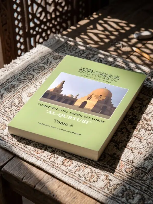 Tafsir al Qurtubi Tomo 8 de Imam al Qurtubi, sobre una mesa de madera con la sombra de una celosía